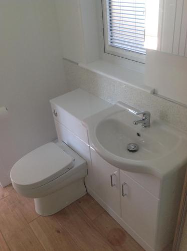a white bathroom with a toilet and a sink at Island View Room 1 in Harlosh