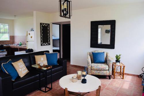 波奎隆的住宿－El Poblado Boquerón Cabo Rojo，客厅配有黑色沙发和蓝色枕头。
