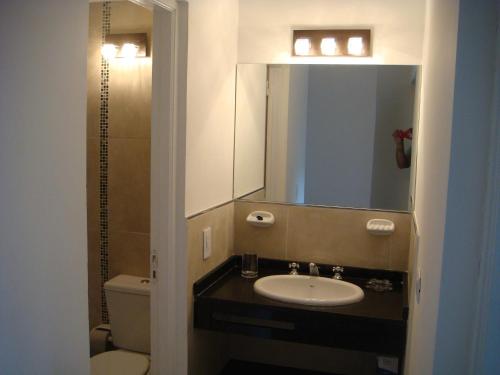 a bathroom with a sink and a mirror and a toilet at Pinamar Alquilo Departamentos Frente Al Mar in Ostende