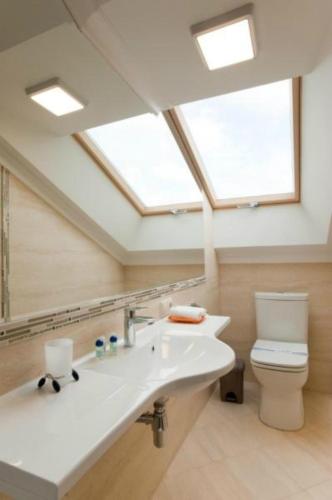 a bathroom with a sink and a toilet with a skylight at 7 Sky on Yevhena Konovaltsia in Kyiv