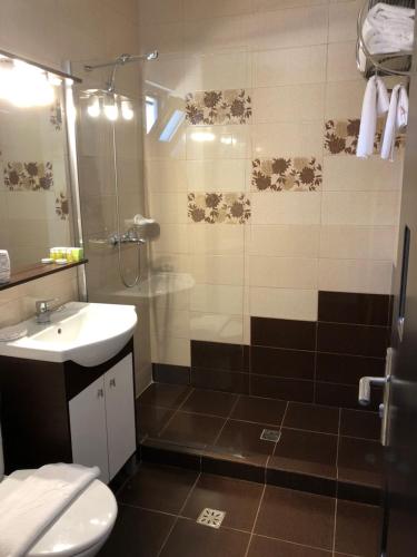 a bathroom with a shower and a sink and a toilet at Vila Natalia in Vama Veche