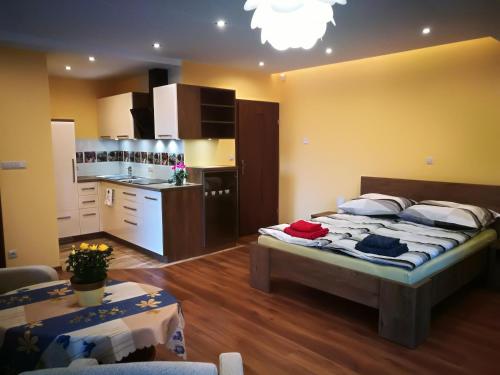 a bedroom with a large bed and a kitchen at Apartament u Joli in Piwniczna-Zdrój