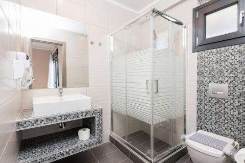 La salle de bains est pourvue d'une douche, d'un lavabo et de toilettes. dans l'établissement Ftery, à Skala Rachoniou