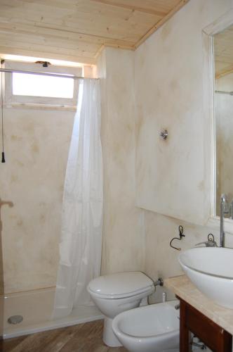 La salle de bains est pourvue de toilettes blanches et d'un lavabo. dans l'établissement Andrea E Valentina, à S'archittu Cuglieri