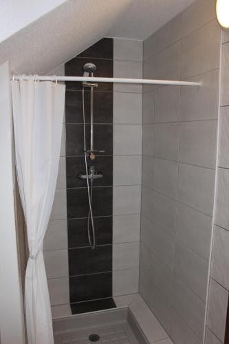 une douche avec un rideau de douche dans une salle de bain dans l'établissement La Maison de Vacances, à Nothalten