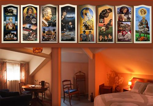 a room with a bed and a bunch of pictures on the wall at Hôtel Le Catala in Beaudéan