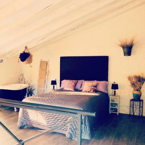 a bedroom with a bed and a sink and a tub at Cabana del Tio Pepe in Ainzón