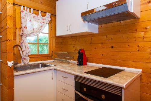 a kitchen with a sink and a stove at Wood House in Campos