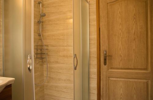a bathroom with a shower and a wooden door at Bodó Park Apartment in Hévíz