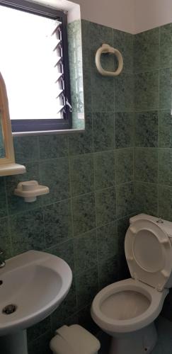 Apartments Villa Dovinefa في كساميل: حمام ذو بلاط أخضر مع مرحاض ومغسلة