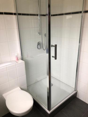 a shower with a toilet and a glass shower stall at Ferienwohnung "Kranich" im Ferien-Resort Rügen in Sagard