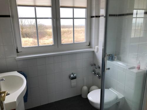 y baño con aseo, lavabo y ducha. en Ferienwohnung "Kranich" im Ferien-Resort Rügen en Sagard