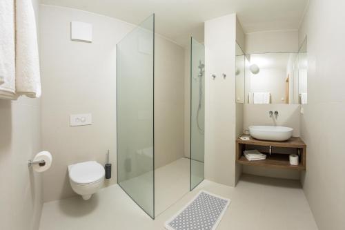 uma casa de banho com um chuveiro, um WC e um lavatório. em Hotel Untermelz em Plaus