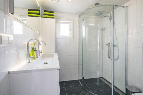 a white bathroom with a shower and a sink at Houseboat Lady Jane in Amsterdam