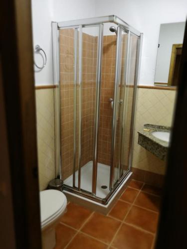 a bathroom with a shower with a toilet and a sink at Hostal Paquito in Vejer de la Frontera