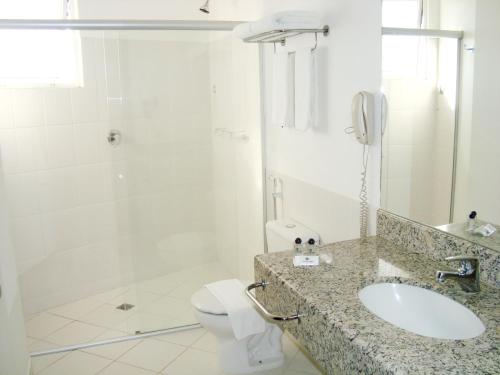 a bathroom with a toilet and a sink and a shower at Golden Blue Hotel in Londrina