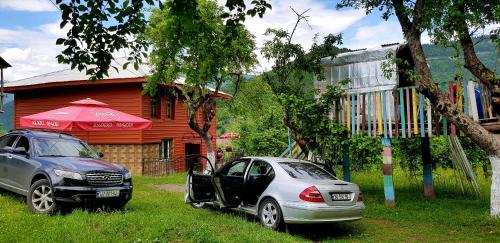 two cars parked in the grass in front of a house at Luka House in Akhaldaba