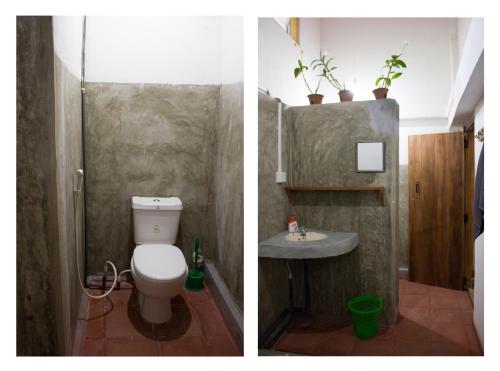 The Pepper Cottage في Gomagoda: صورتين لحمام مع مرحاض ومغسلة