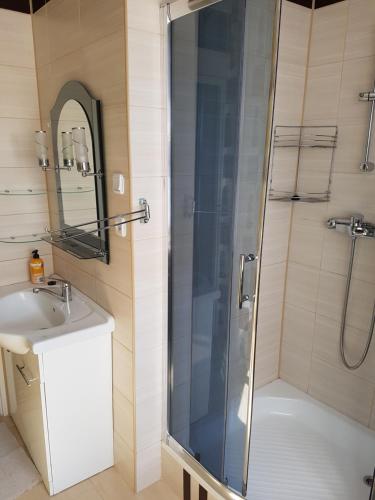 La salle de bains est pourvue d'une douche et d'un lavabo. dans l'établissement Apartament nr 3 w Starym Nadleśnictwie, à Kościerzyna