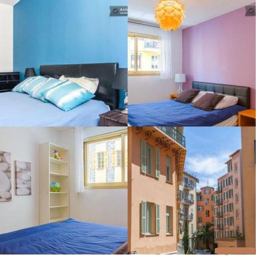 un collage de quatre photos d'une chambre dans l'établissement Appartement 3 pièces SoNice au centre de Nice, à Nice