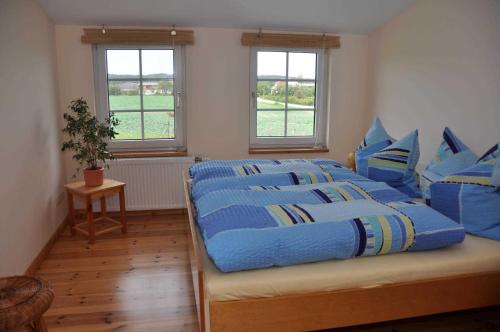 MellenthinにあるFewo2 Achterland 5P _ Kleinbauernhのベッドルーム1室(青いシーツと窓付)