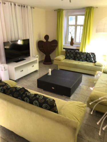 a living room with two couches and a tv at Kranenbruch in Schwalmtal