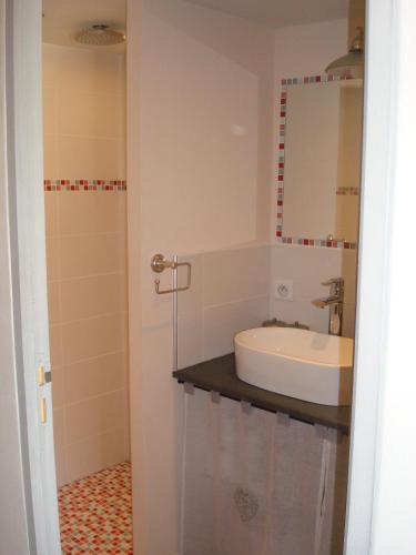 une salle de bain avec un lavabo et une douche dans l'établissement Chambre d'hôtes Les Plaisances, à Saint-Julien