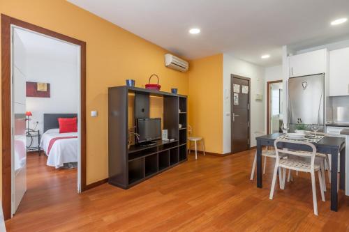 a kitchen with a refrigerator, stove and a television at Apartamentos Cuna 41 in Seville