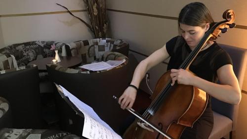 a woman playing a cello in a room at Art 'Otel in Sofia