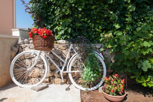 a white bike parked next to a stone wall with flowers at Apartmani Luka in Vir