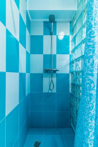 a blue bathroom with a shower and a shower curtain at Casa Dinii in Constanţa