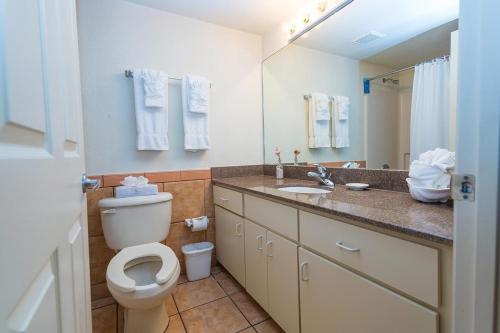 a bathroom with a toilet and a sink and a mirror at Island Seas Resort in Freeport