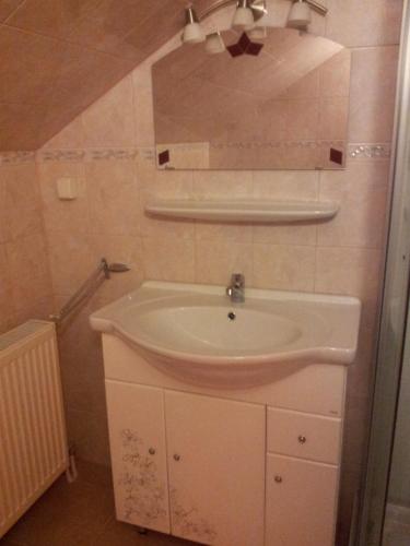 a bathroom with a sink and a mirror at Tó- Party Panoráma Panzió & Wellness in Kiszombor