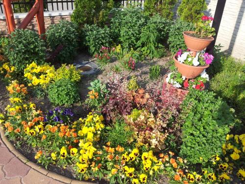 a garden of flowers with two flower pots at Tó- Party Panoráma Panzió & Wellness in Kiszombor