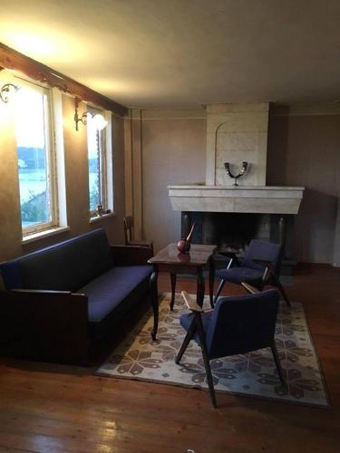 a living room with a couch and a fireplace at Guest House Old Kutaisi in Kutaisi