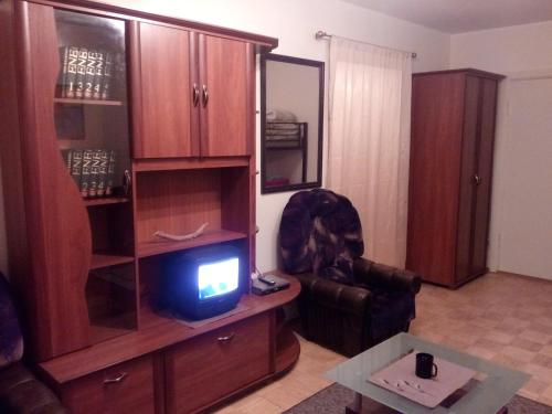 ein Wohnzimmer mit einem TV, einem Sofa und einem Stuhl in der Unterkunft Economy Baltics Apartments - Keldrimäe in Tallinn