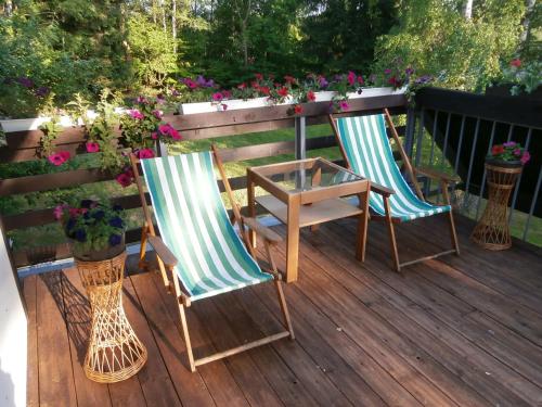two chairs and a table on a deck with flowers at Penzion Luna in Přední Výtoň