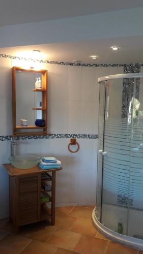 イエールにあるvilla le grilladouのバスルーム(シャワー、シンク、鏡付)