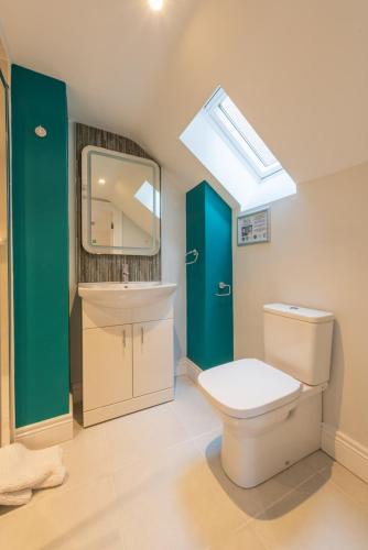a bathroom with a toilet and a sink and a mirror at Diamond House Apartments in Derry Londonderry