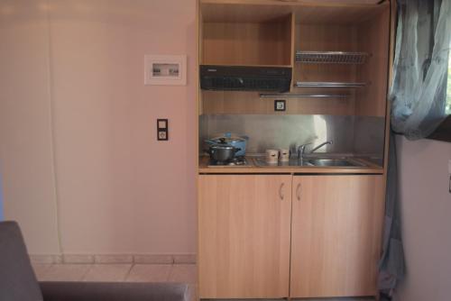 a small kitchen with a sink and a microwave at Ta Kavourakia in Mikros Gialos