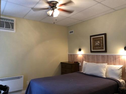 a bedroom with a bed and a ceiling fan at Petit Hôtel Amara in La Malbaie