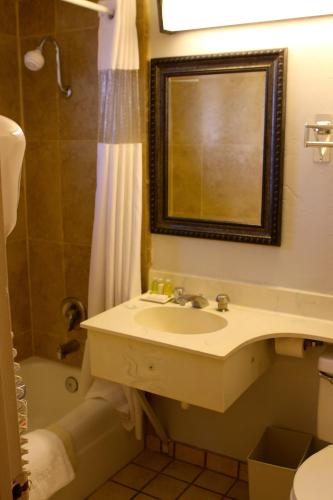 a bathroom with a sink and a shower and a mirror at Hotel Buena Vista - San Luis Obispo in San Luis Obispo