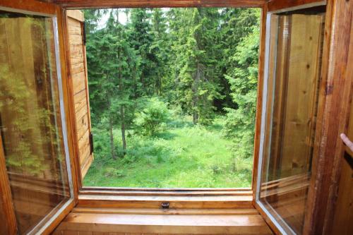 a window in a cabin with a view of a forest at Chata Živa pod Babou horou in Oravská Polhora
