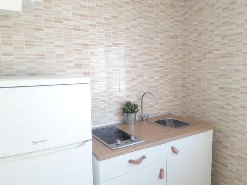 a kitchen with a sink and a white refrigerator at CH II Apartments ZONA DE OCIO NOCTURNO in Conil de la Frontera