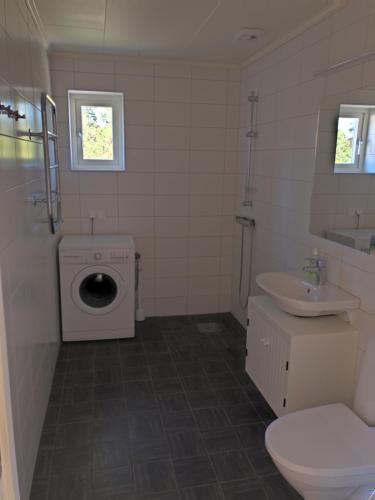 a bathroom with a sink and a toilet and a washing machine at Ljugarnsstugor in Ljugarn