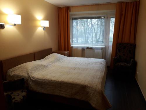 Un dormitorio con una cama y una ventana. en Laisves al. 7, en Kaunas