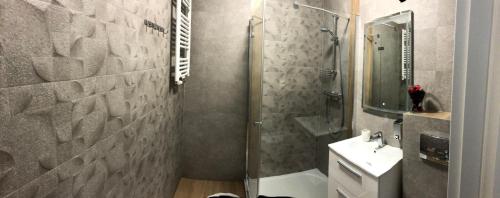 bagno con doccia e lavandino di Mieszkanie w Riverside w centrum Starego Miasta a Danzica