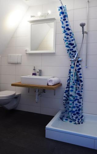 a bathroom with a sink and a shower curtain at Adventure Hostel Interlaken in Interlaken