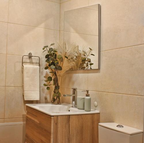 La salle de bains est pourvue d'un lavabo, d'un miroir et de toilettes. dans l'établissement A Nossa Praia, à Praia da Barra