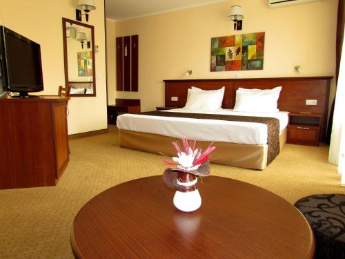 una camera d'albergo con letto e tavolo con televisore di Favorit Hotel a Sofia